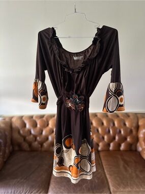 Brown Patterned Bell-Sleeve Women’s Dress with Ruffle Neck